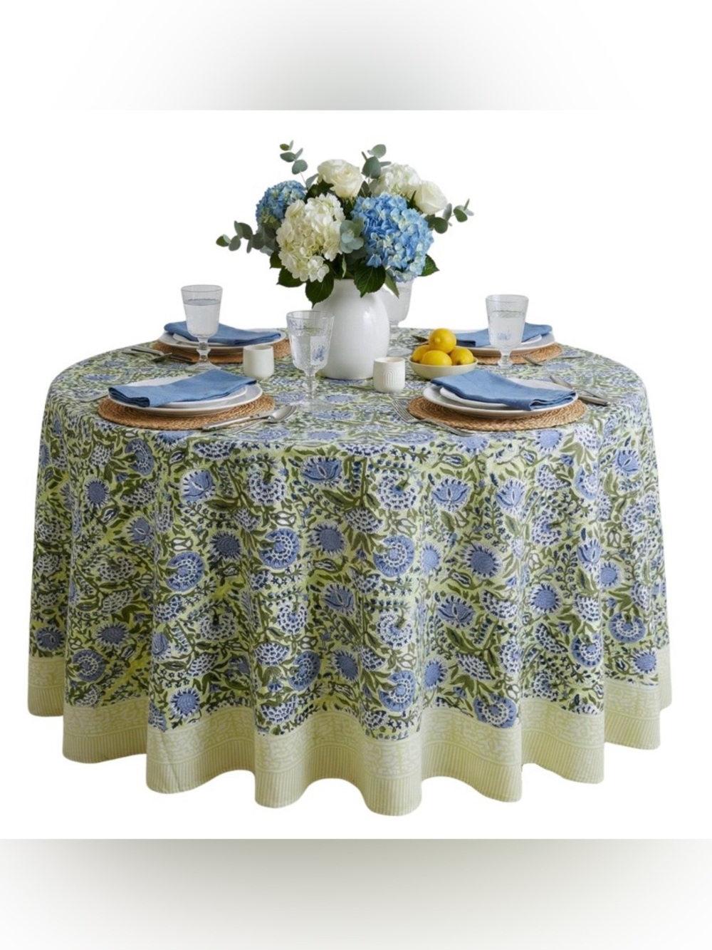 Farmhouse Floral Tablecloth 100% Cotton 60” Round - BLUE GREEN